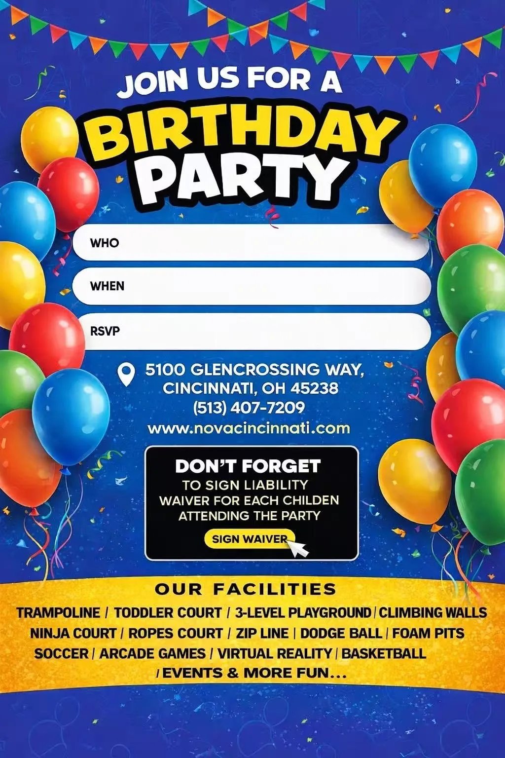 Nova Cincinnati printable birthday party invitation with blanks for who, when and RSVP