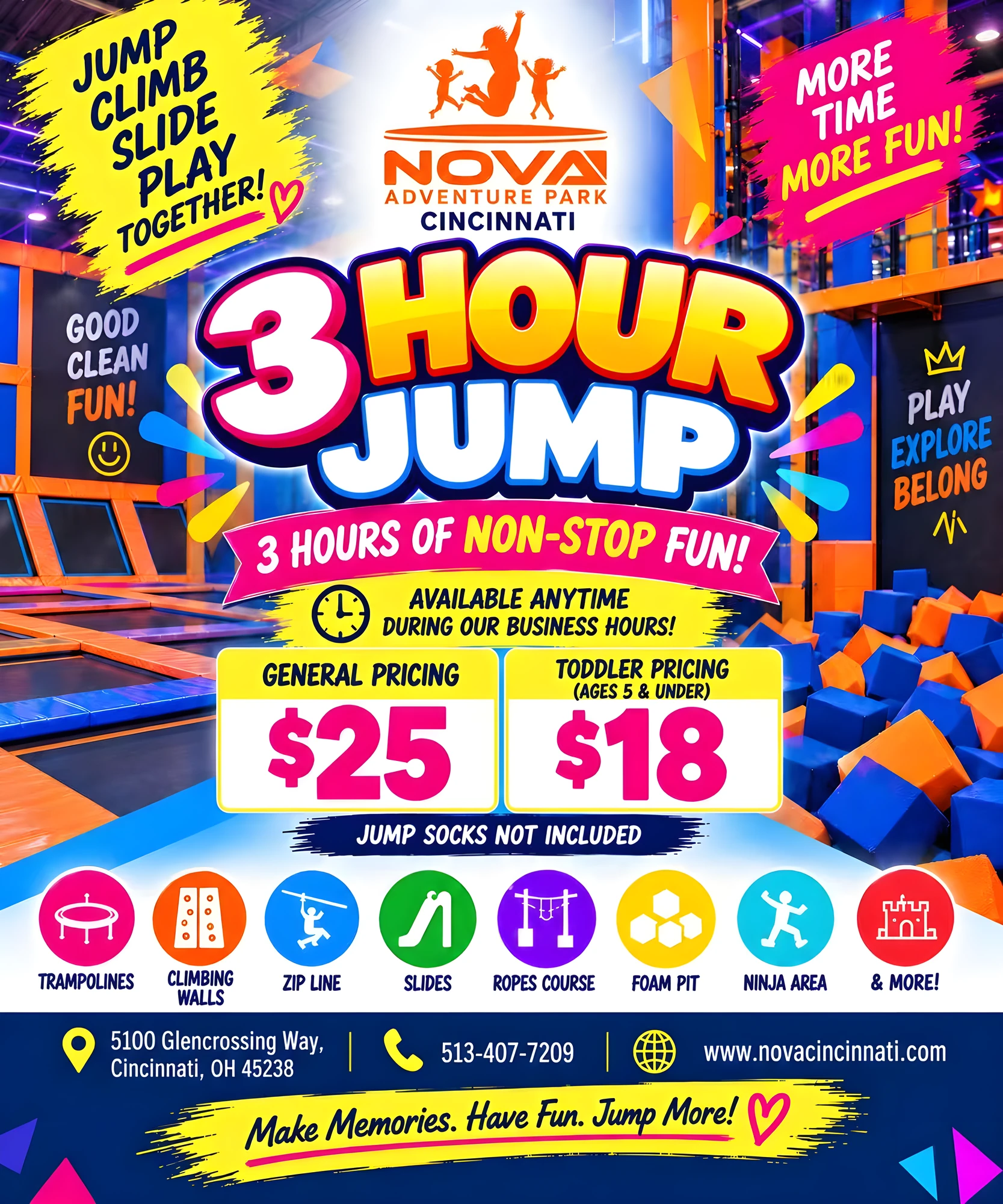 3 Hour Jump at Nova Cincinnati: 3 hours of non-stop fun, available anytime during business hours. General pricing $25, toddler pricing (ages 5 and under) $18. Jump socks not included.