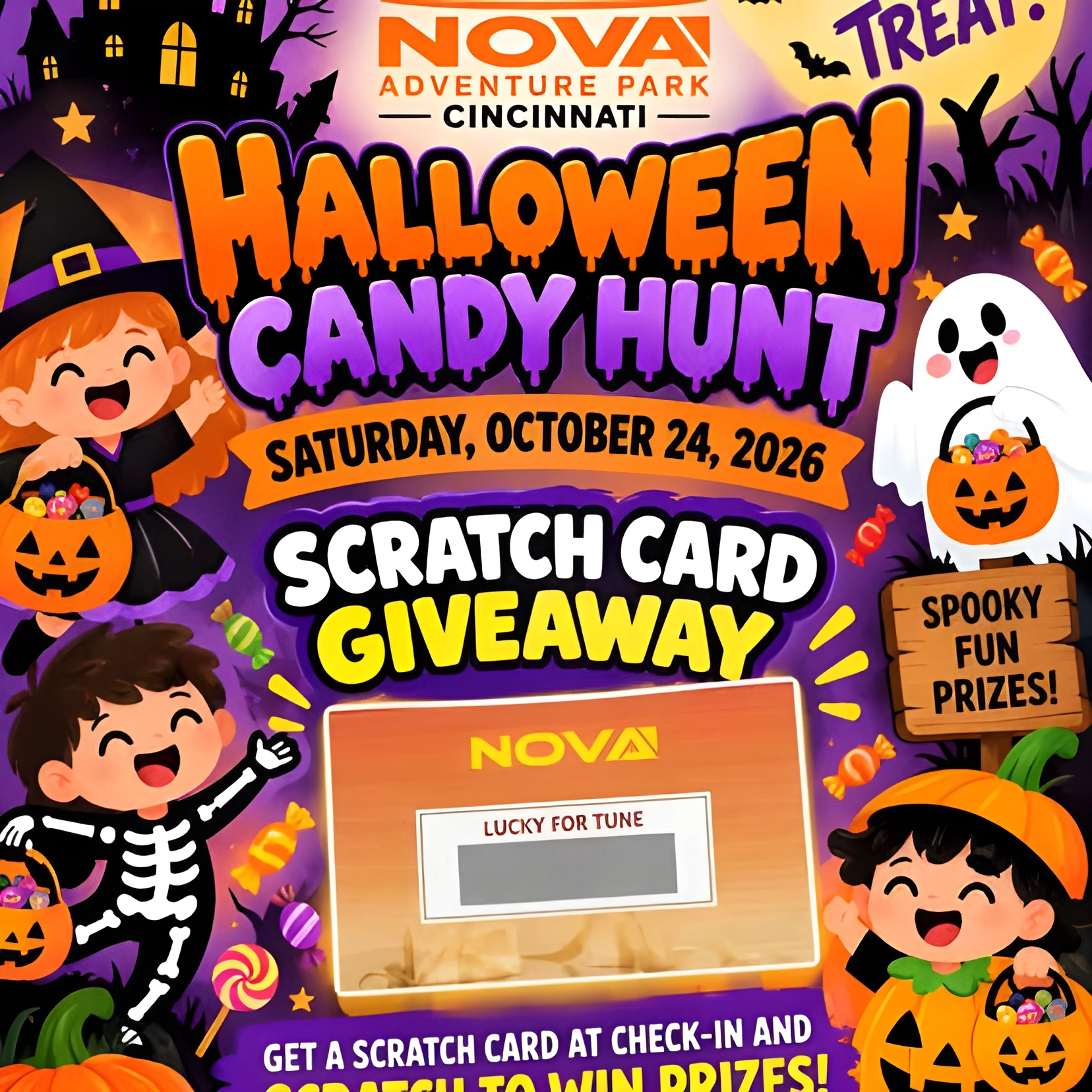 Halloween Candy Hunt at Nova Adventure Park Cincinnati, Saturday October 24, 2026: scratch card giveaway with spooky fun prizes. Get a scratch card at check-in and scratch to win prizes!